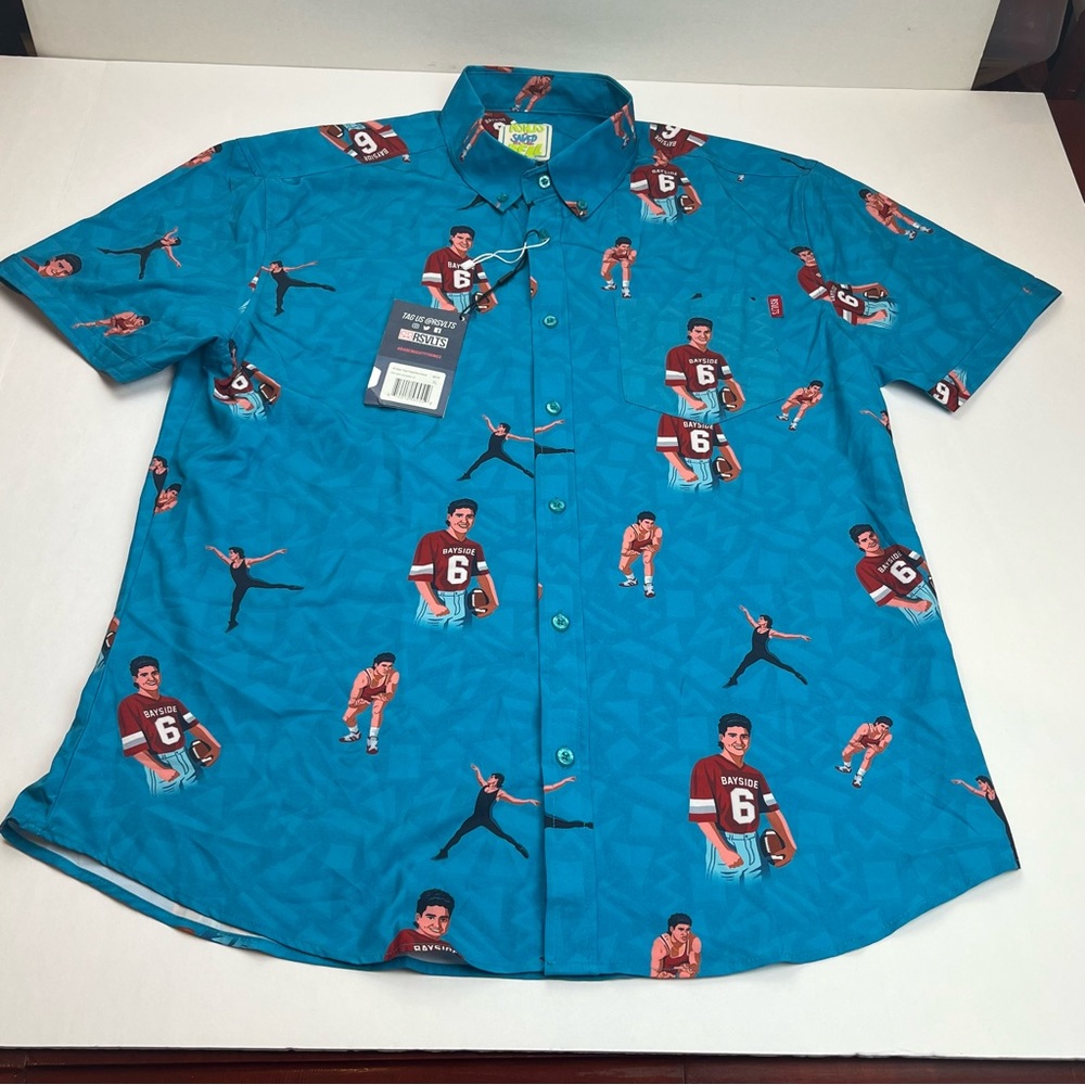 RSVLTS Saved By The Bell AC‎ Slater Triple Threat Short Sleeve Shirt Blue XL NEW
